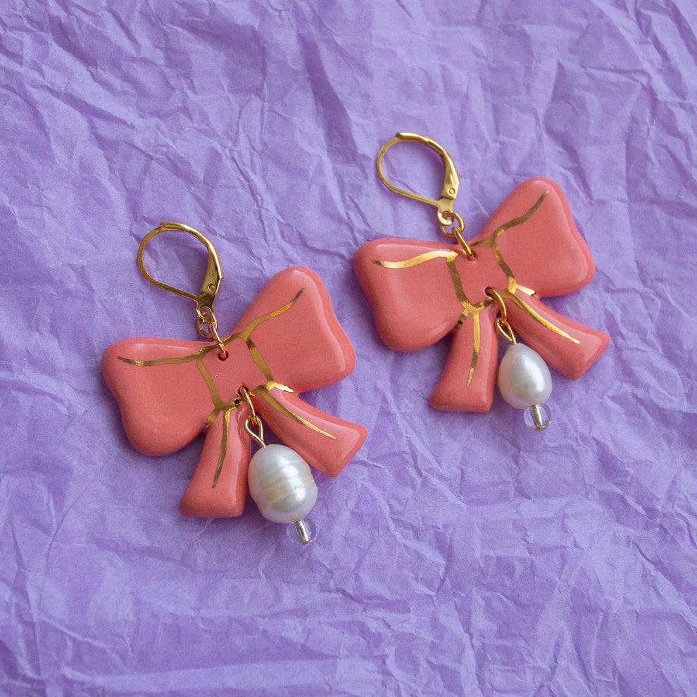 Big Bow & Freshwater Pearl Earrings