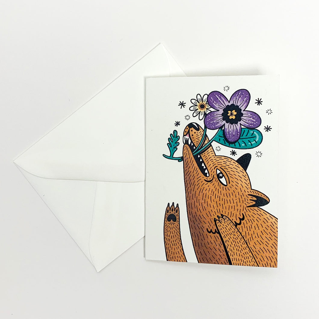 Dog & violet flower mini card